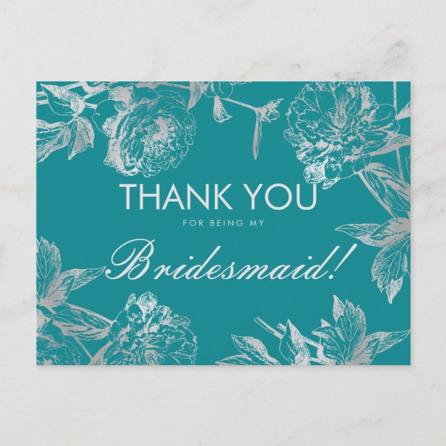 Carte Postale Merci Bridesmaid Silver Turquoise Floral simple (Devant)