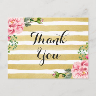 Carte Postale Merci Calligraphie Script Floral Gold Stripes