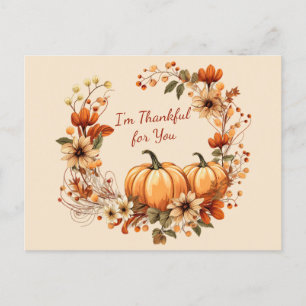 Carte Postale Merci Citrouille et fleurs d'automne Wreath