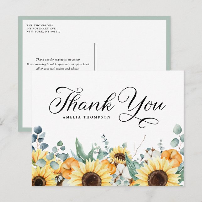 Carte Postale Merci de Baby shower citrouille et tournesols (Devant / Derrière)