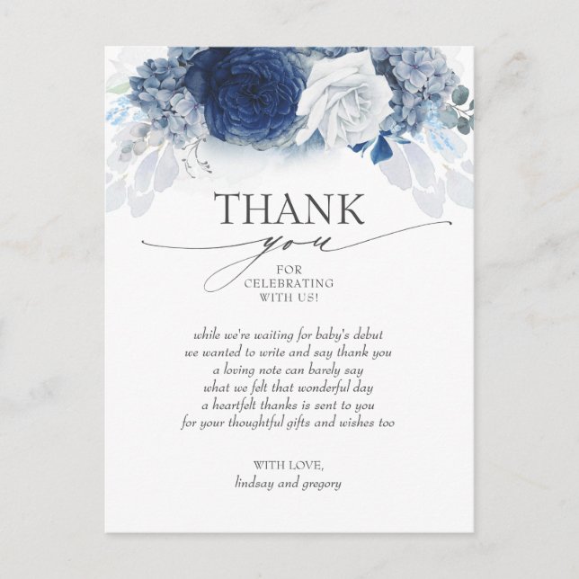 Carte Postale Merci de Baby shower élégant Floral Bleu (Devant)