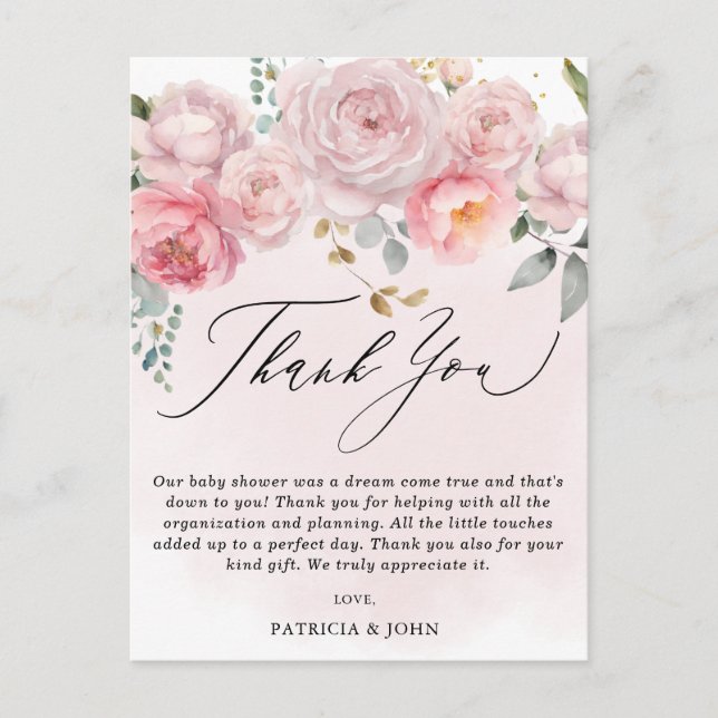 Carte Postale Merci de Baby shower floral rose-rose moderne (Devant)