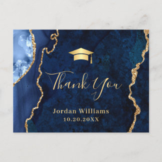 Carte Postale Merci de graduation moderne en marbre bleu or
