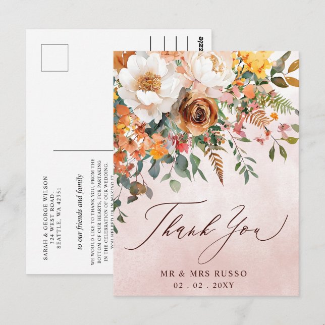 Carte Postale Merci de Mariage de automne Floral Orange Rustique (Devant / Derrière)