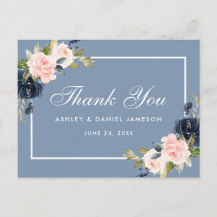 Carte Postale Merci de Mariage floral bleu pâle rose