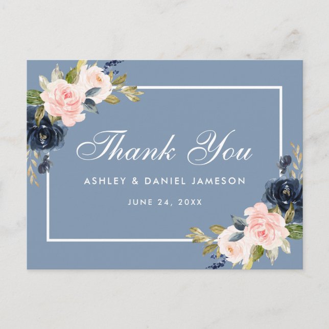 Carte Postale Merci de Mariage floral bleu pâle rose (Devant)