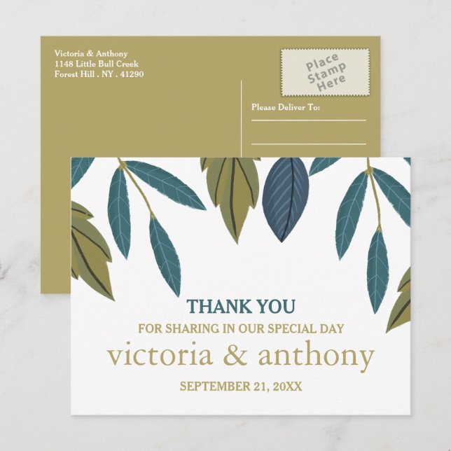 Carte Postale Merci de Mariage floral feuille rustique (Devant / Derrière)