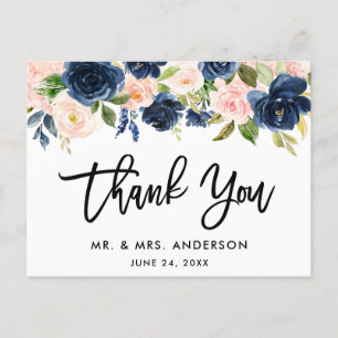 Carte Postale Merci de mariage floral rose bleu écriture pinceau