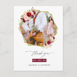 Carte Postale Merci de Mariage géométrique de Bourgogne et bleu
