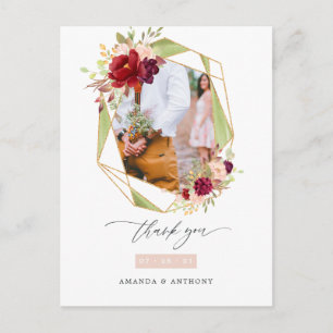 Carte Postale Merci de Mariage géométrique de Bourgogne et bleu