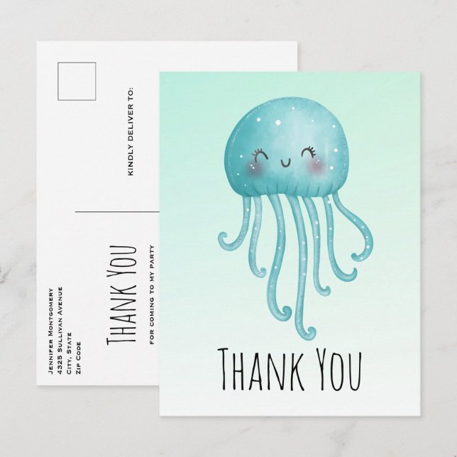 Carte Postale Merci de méduse bleu-vert doux et heureux (Devant / Derrière)