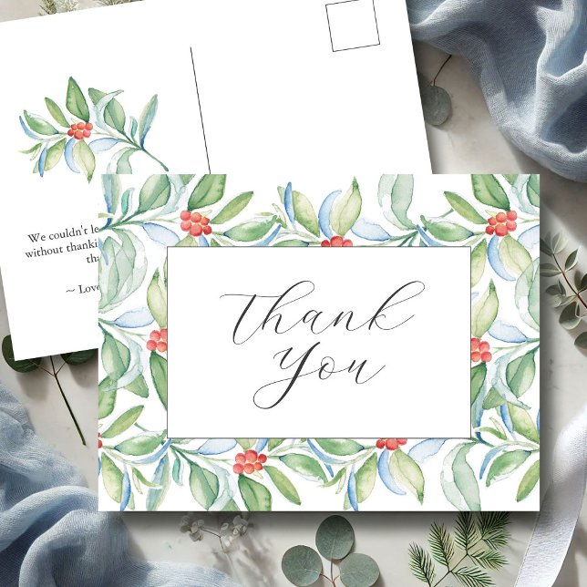 Carte postale Merci de Noël (Christmas thank you postcard watercolor foliage and berries art by Victoria Grigaliunas DoTellABelle)