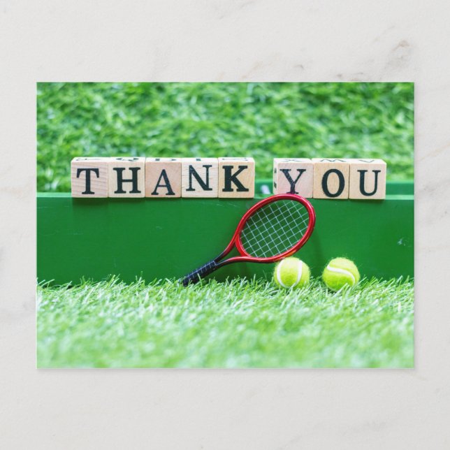 Carte Postale Merci de tennis mot en bois avec raquette et balle (Devant)