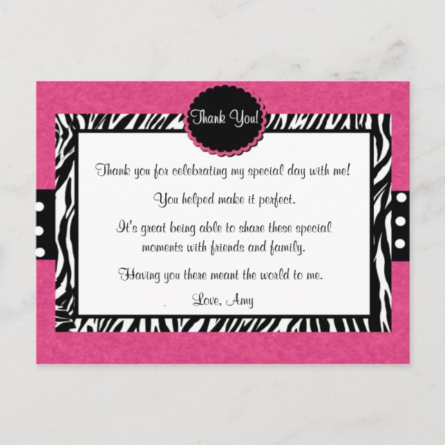 Carte postale Merci d'impression rose Zebra (Devant)