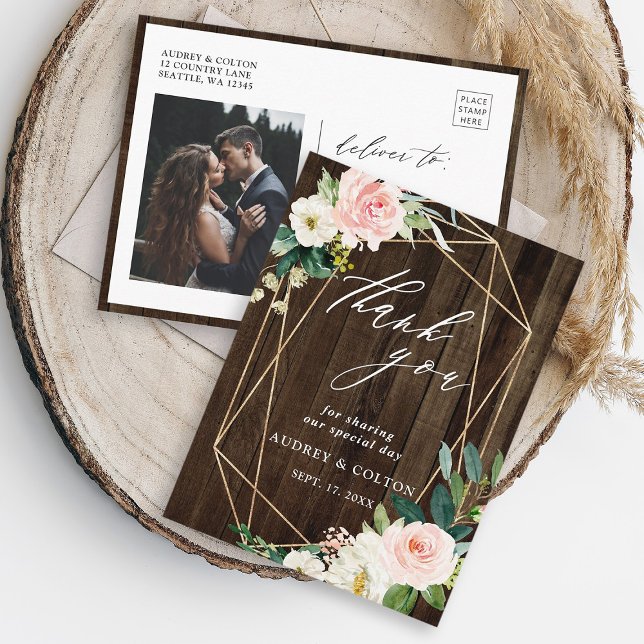 Carte Postale Merci en bois rustique géométrique Floral (Front & Back)