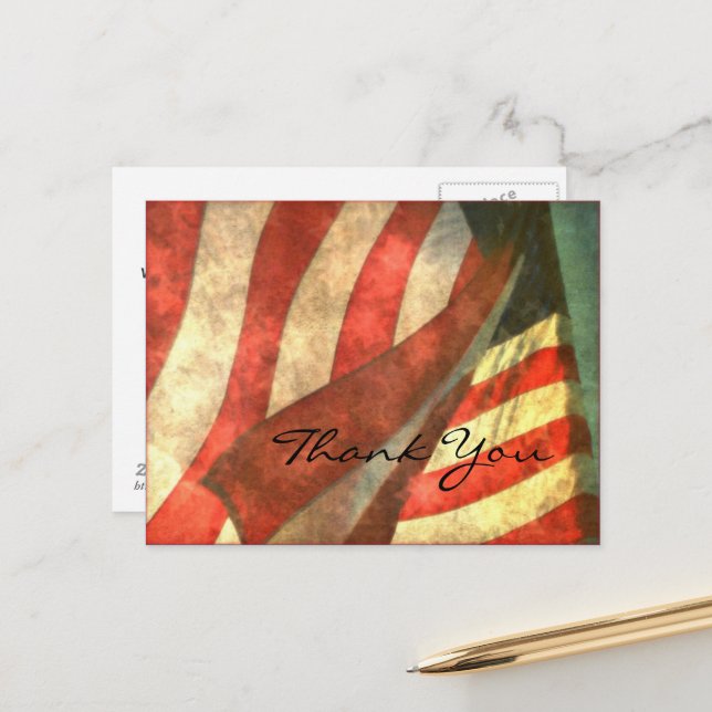 Carte postale Merci et drapeau américains de la fê (Devant/Arrière en situation)