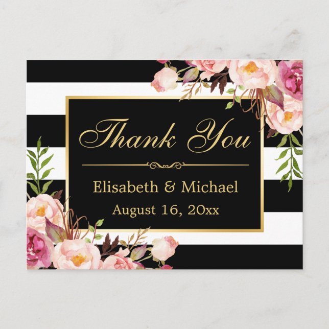 Carte Postale Merci - Floral noir blanc rayures Or cadre (Devant)