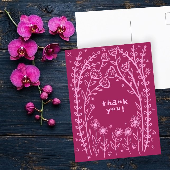 Carte Postale MERCI Floral Whimsical Sketch Doodle (THANK YOU Floral Whimsical Sketch Doodle Postcard
)