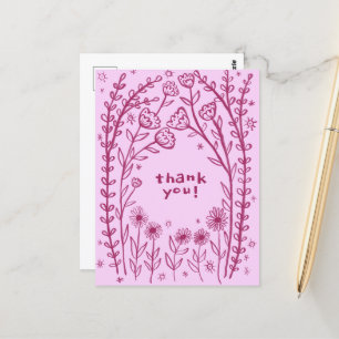 Carte Postale MERCI Floral Whimsical Sketch Doodle 