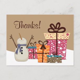 Carte Postale Merci ! ~ Joli bonhomme de neige avec cadeaux Merc