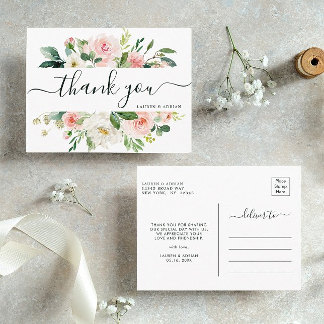 Carte Postale Merci Mariage à fleurs roses (Front & Back)