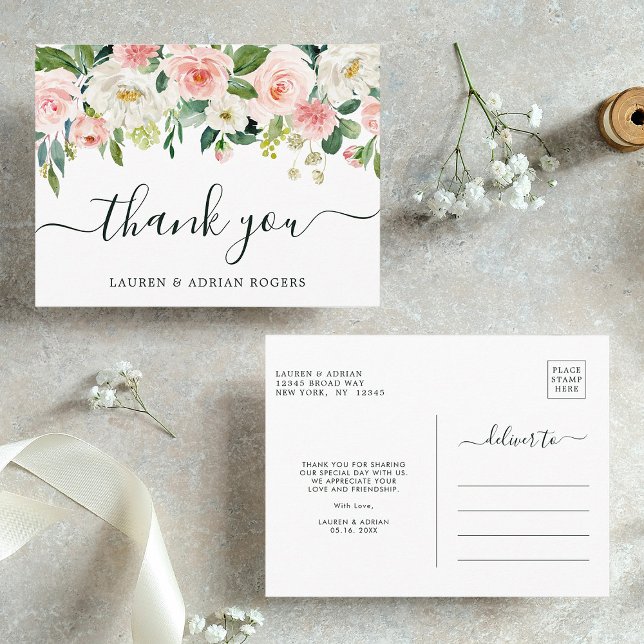 Carte Postale Merci Mariage à fleurs roses (Front & Back)