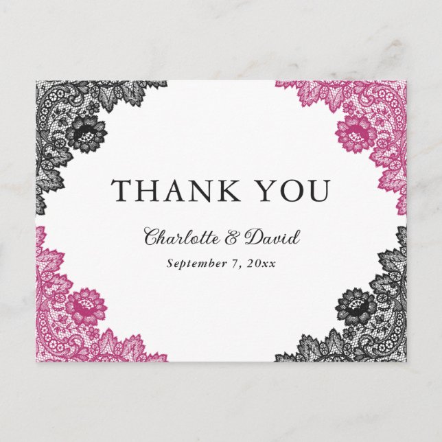 Carte Postale Merci Mariage de dentelle rose et noire chaud (Devant)