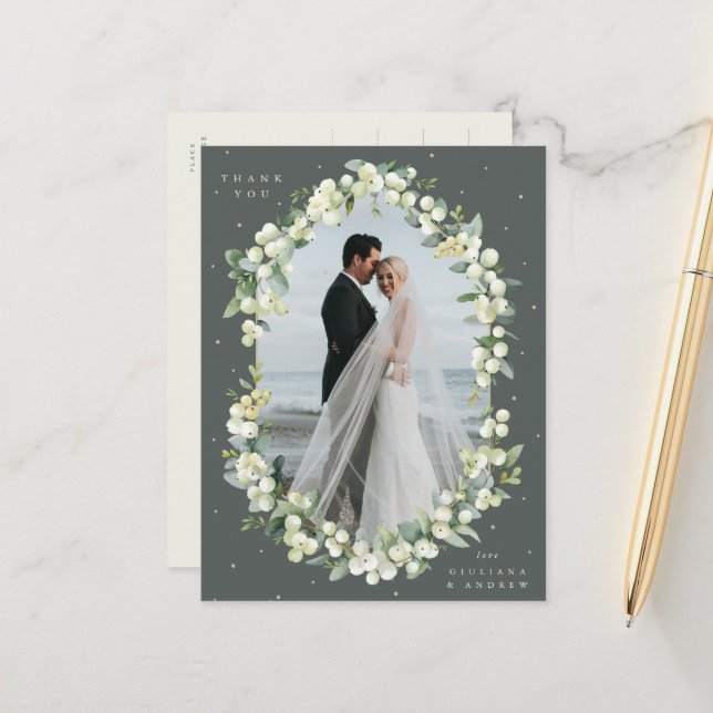 Carte Postale Merci Mariage de la canneberge verte+Eucalyptus Ph (Devant/Arrière en situation)