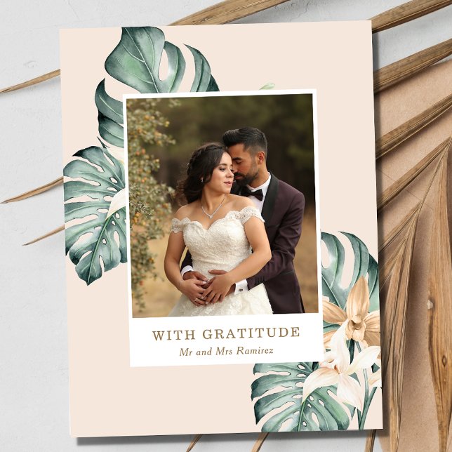 Carte Postale Merci Mariage photo floral tropical (Tropical Floral Photo Wedding Thank You Postcard)