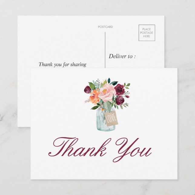 Carte postale Merci Mason Jar aux fleurs d'aquarel (Devant / Derrière)