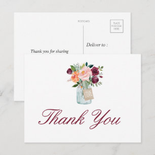 Carte postale Merci Mason Jar aux fleurs d'aquarel