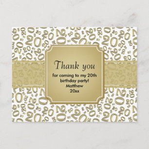 Carte Postale Merci modèle de numéro d'anniversaire 20 Or/Blanc