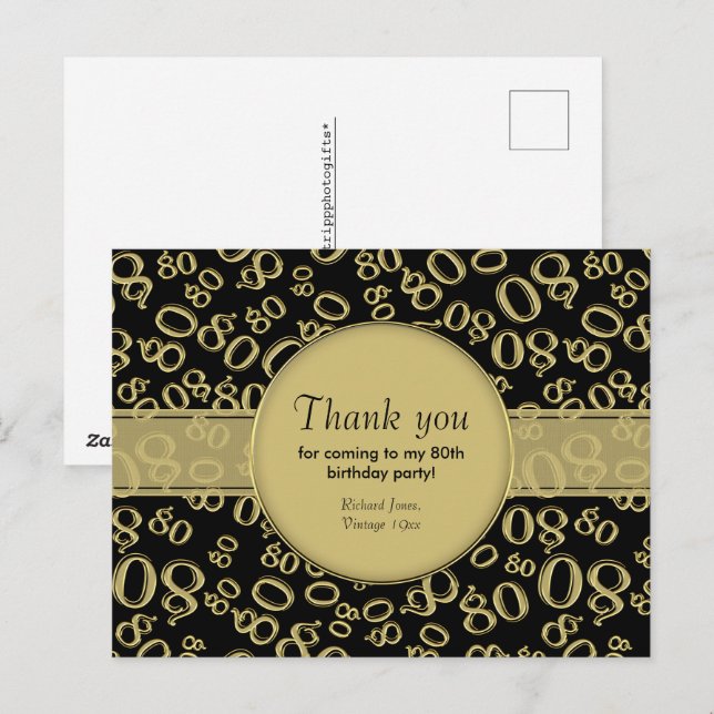 Carte Postale Merci : modèle de numéro d'anniversaire 80 noir/or (Devant / Derrière)