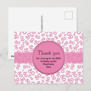 Carte Postale Merci : Motif de chiffre de 80 ans rose/blanc pour