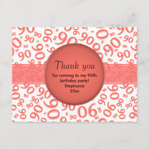 Carte Postale Merci : Motif de numéro d'anniversaire 90 corail/b