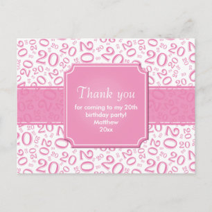 Carte Postale Merci motif numérique 20e anniversaire rose/blanc