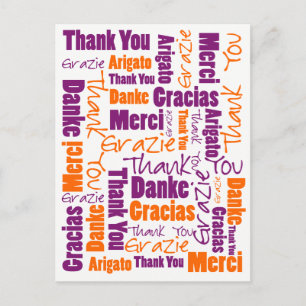 Carte Postale Merci multilingue violet et orange
