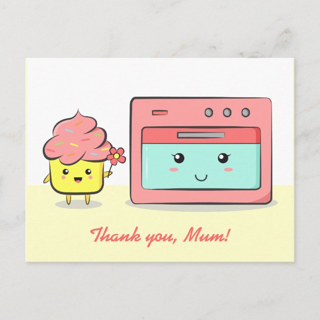 Carte Postale Merci mum - Cute cupcake et four rose (Devant)