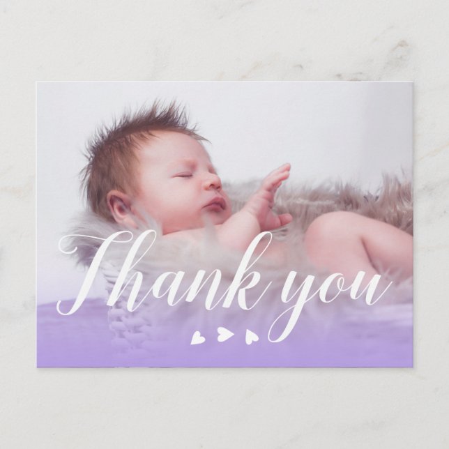 Carte Postale Merci | Nouveau bébé | Purple & Coeurs (Devant)