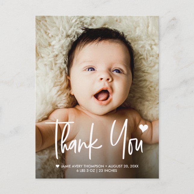 Carte Postale Merci photo bébé Faire-part de naissance coeur (Devant)