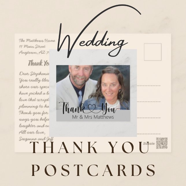Carte Postale Merci photo du Mariage du script d'adresse de reto (Return Address Script Wedding Photo Thank You Postcards)