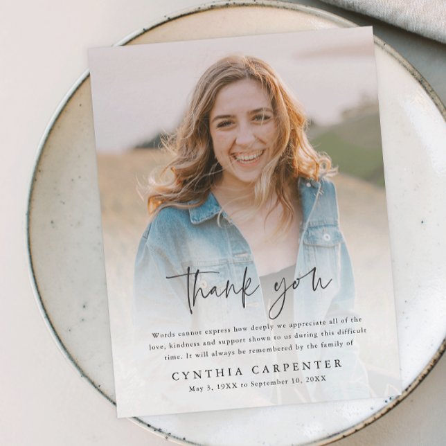 Carte Postale Merci photo du mémorial funéraire moderne (Modern script simple photo memorial thank you postcard.)