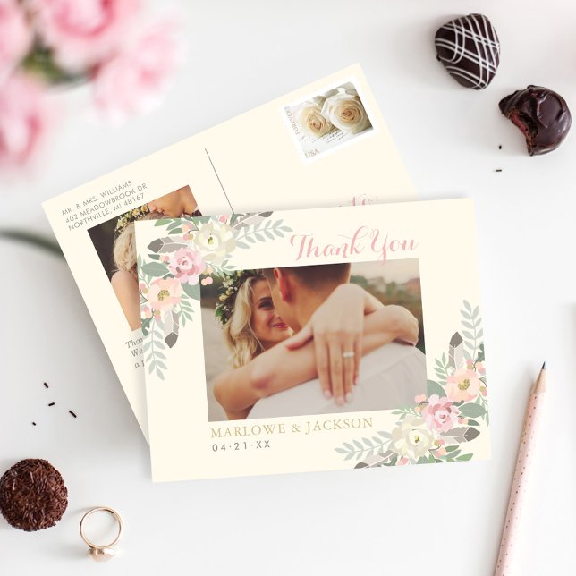 Carte Postale Merci photo Mariage ivoire et rose Boho Floral (Créateur téléchargé)