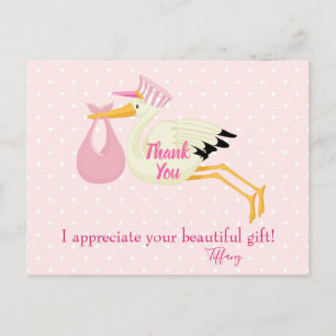 Carte Postale Merci Pois roses avec cigogne
