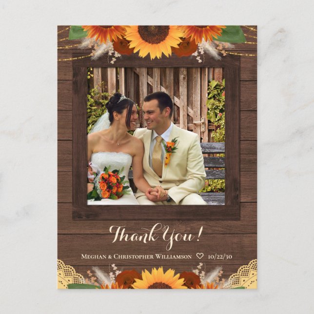 Carte Postale Merci pour la photo de mariage aux tournesols rust (Devant)