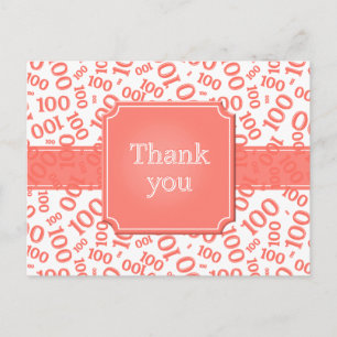 Carte Postale Merci pour le motif de nombre 100 Corail/Blanc