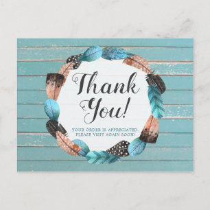 Carte Postale Merci Rustique Turquoise Bois Plumes Arrow Boho