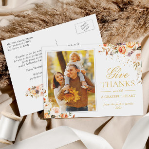Carte Postale Merci Thanksgiving Automne Gold Floral Photo