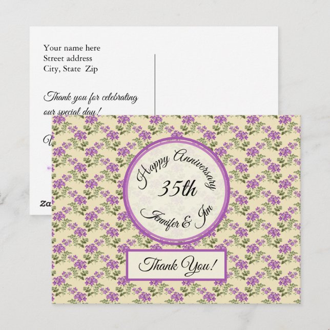 Carte Postale Merci - Violettes anniversaires sur Jaune pâle (Devant / Derrière)