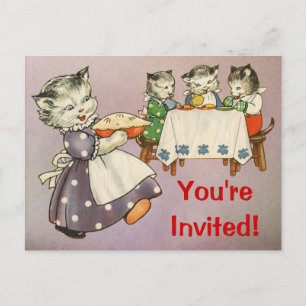 Carte Postale Mère Chat & Chatons Manger Pie - Invitation à la f